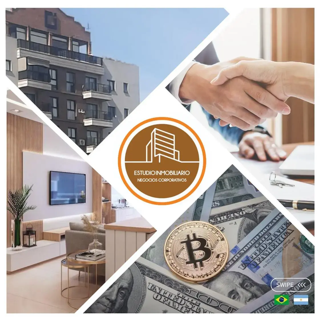 Collage inmobiliario con edificio, interior y criptomoneda